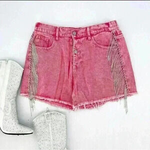 Savanna Jane Stone Washed Barbie Pink Rhinestone Lined Frayed Shorts